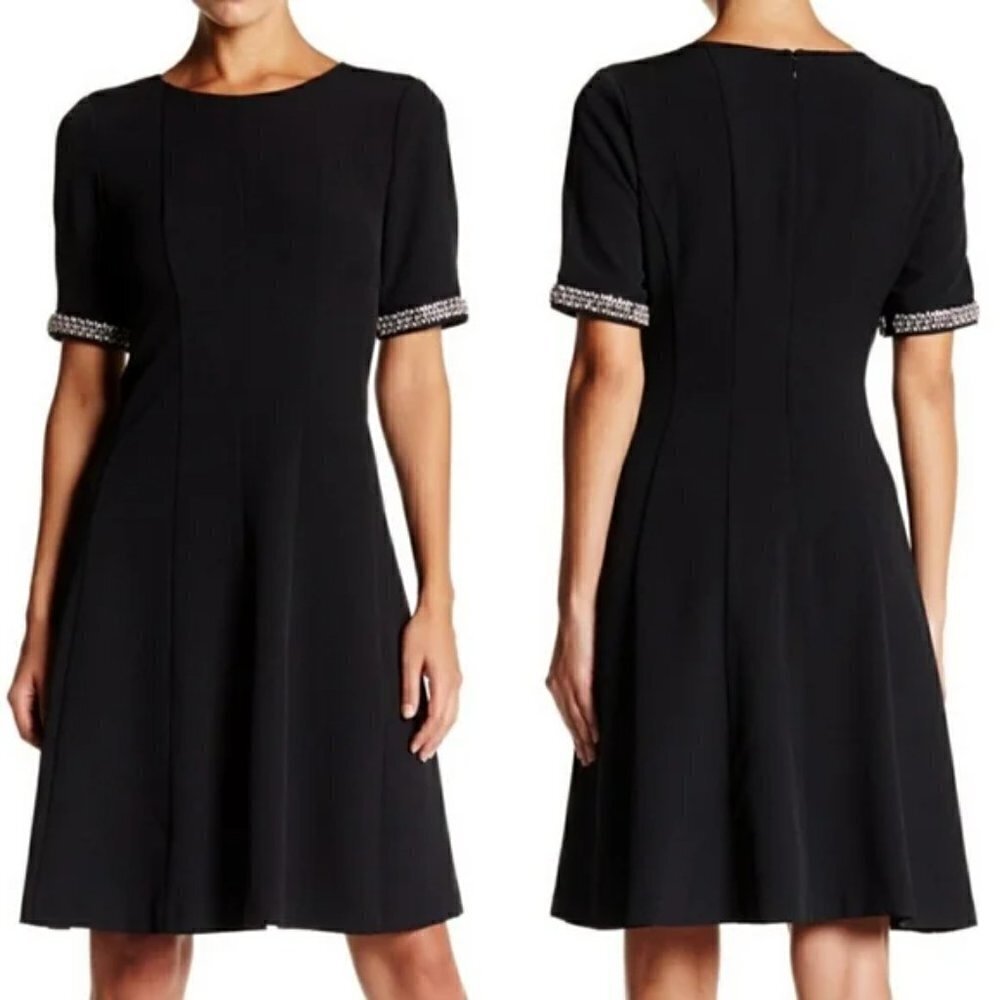 NWT Eliza J Black Fit & Flare Short Sleeve Dress w/ Embellished Sleeves, Size 6